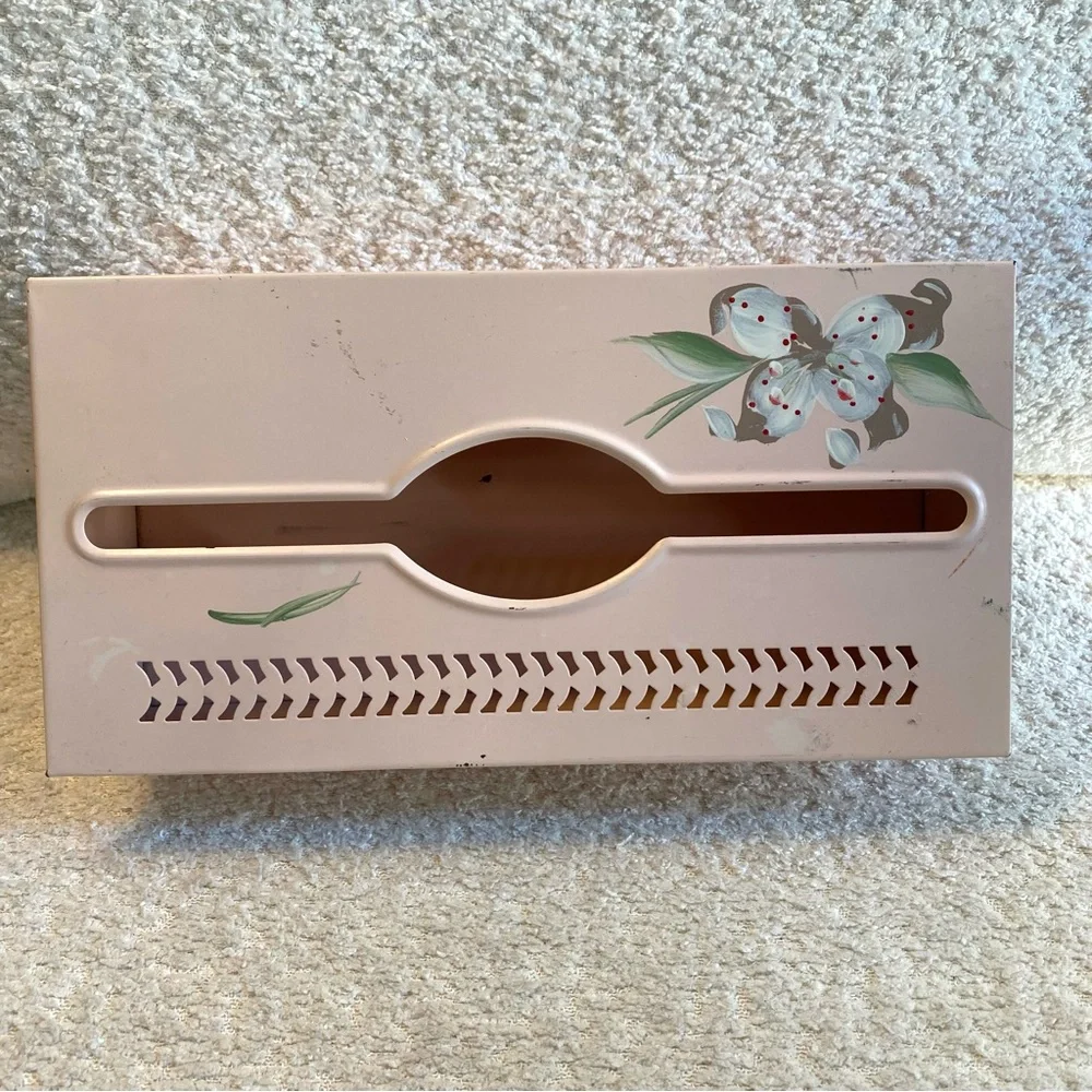 Vintage Tole Ware Metal Hand Painted Pink Floral Wall Tissue Box Cover
